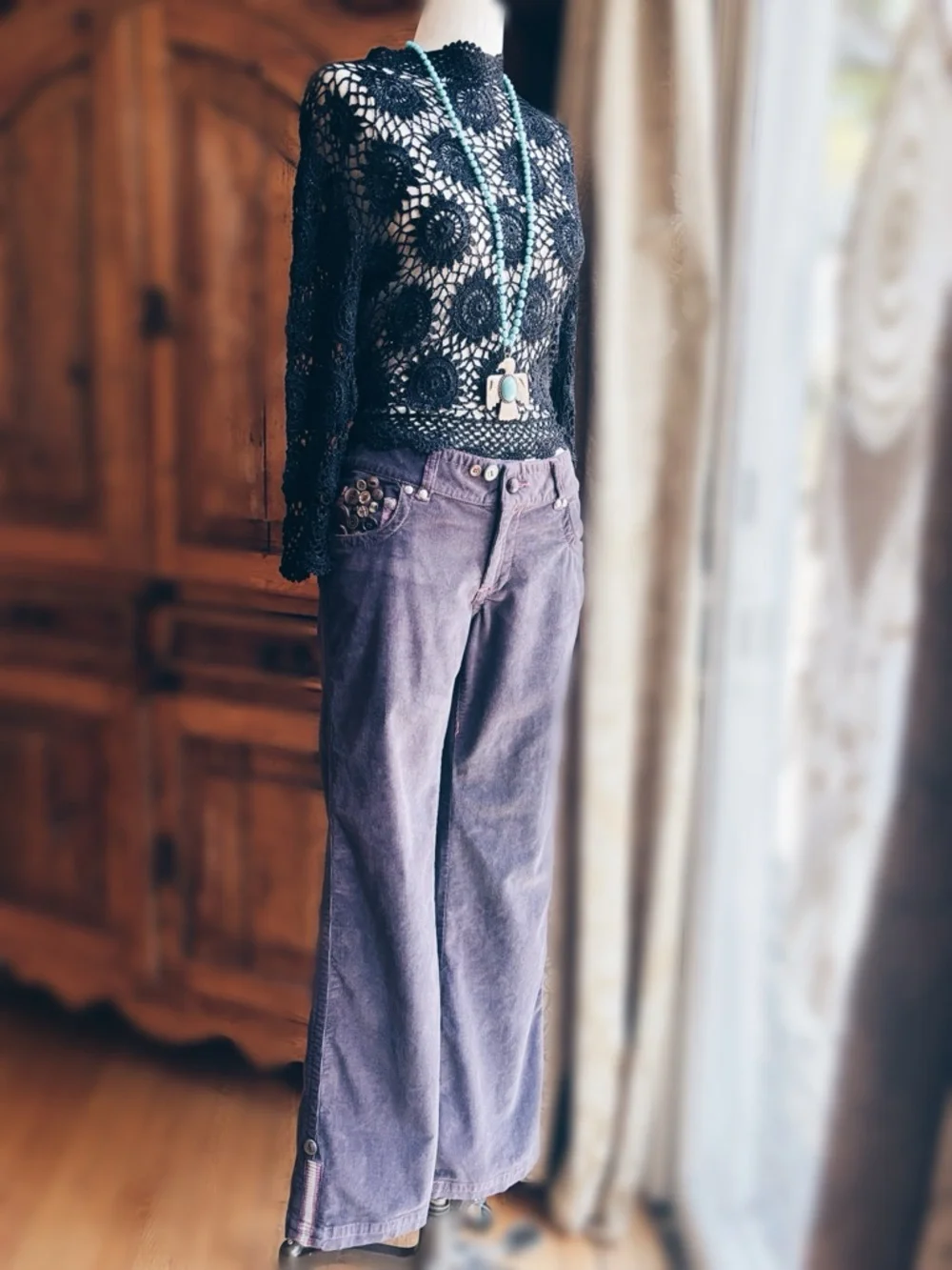 OOAK Artisan Repurposed Rocawear Plum Corduroy Flare Pants Vintage Buttons - Picture 11 of 13